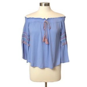 Derek Heart Off Shoulder Blue Tassel Top with Smocking